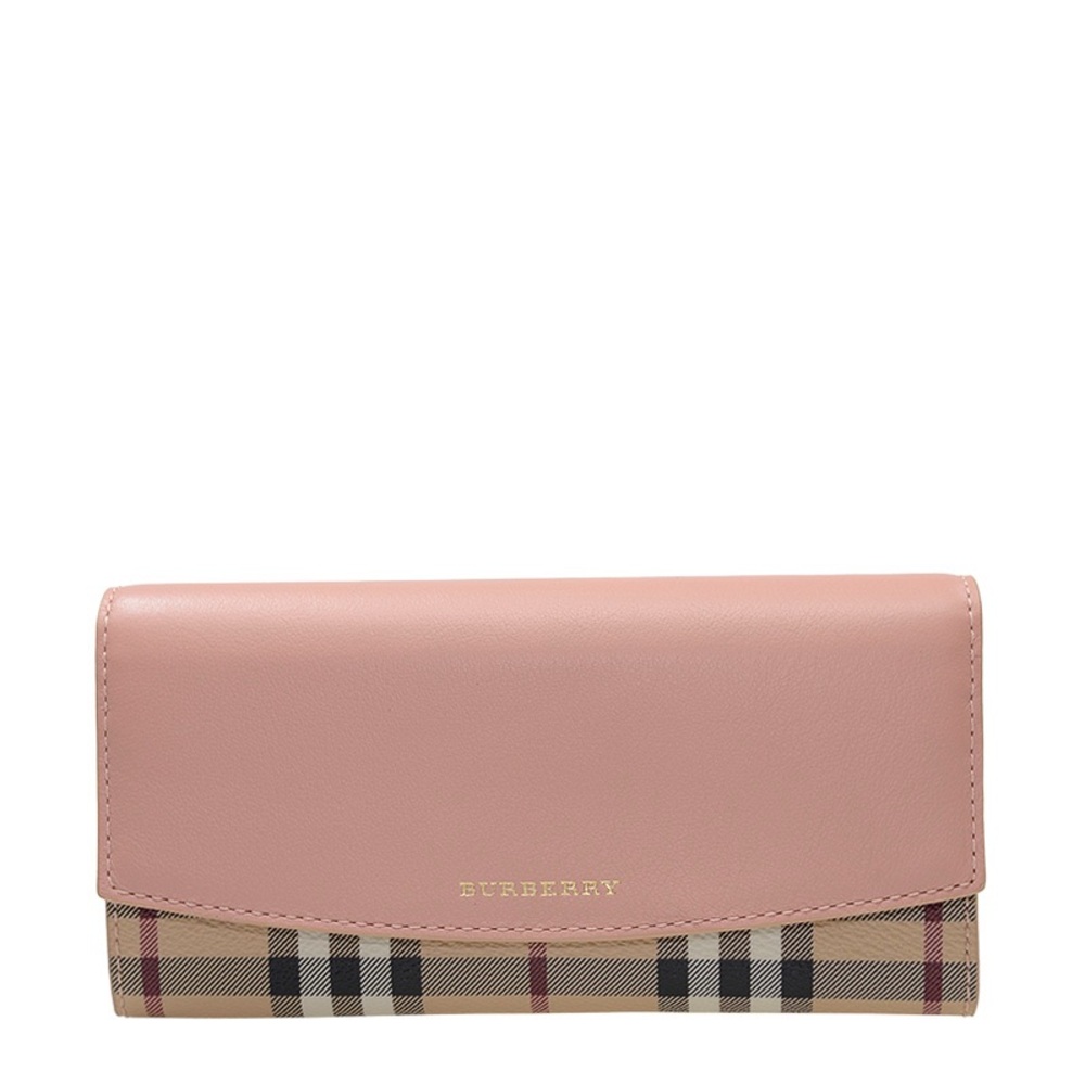 Burberry Pale Coral Pink Leather Haymarket Check Porter Continental Wallet